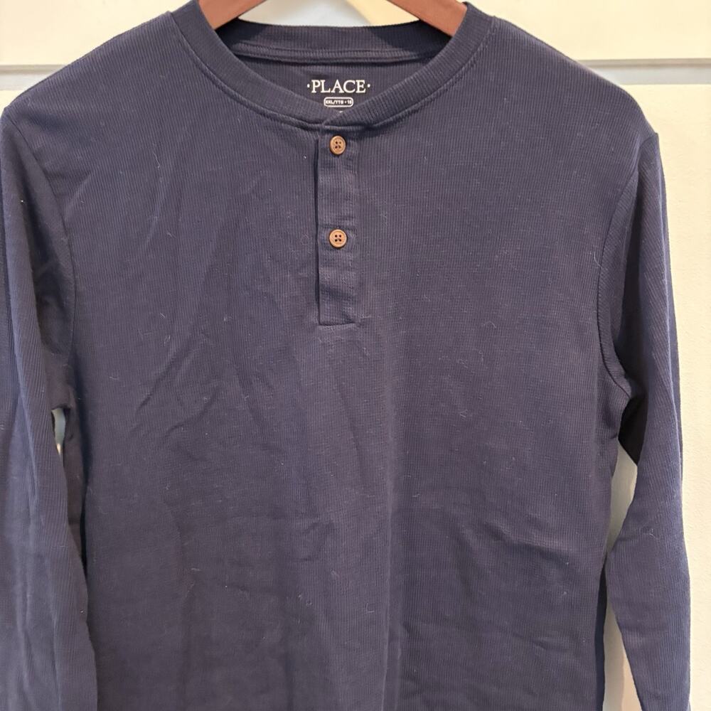 Children's Place Henley‎ Shirt Boys XXL 16 Navy Blue Waffle Thermal Long Sleeve